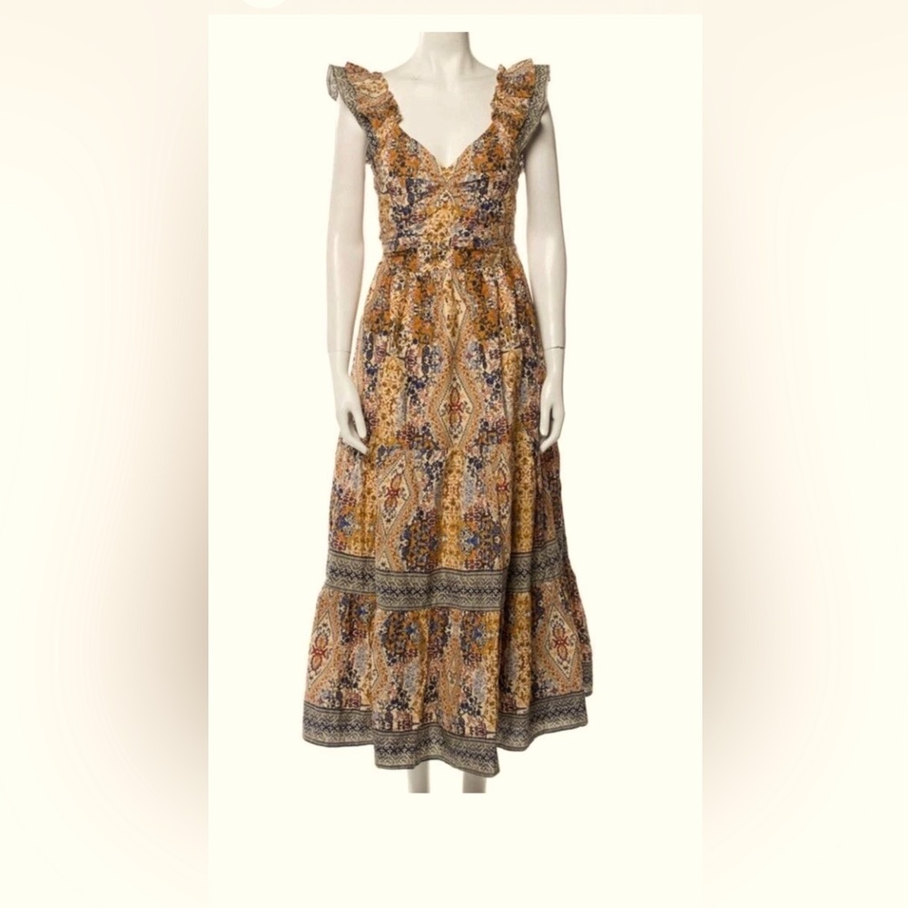 Caroline Constas Floral Cream Brown Smoked Open Back Cotton Maxi Dress L NWT